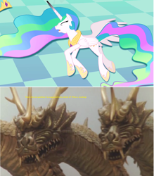 Size: 1284x1464 | Tagged: safe, edit, screencap, princess celestia, alicorn, kaiju, pony, a canterlot wedding, crossover, godzilla (series), grand king ghidorah, king ghidorah, photoshop, rebirth of mothra