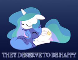 Size: 363x282 | Tagged: safe, artist:egophiliac, princess celestia, princess luna, alicorn, pony, blue background, duo, eyes closed, female, filly, foal, happy, royal sisters, siblings, simple background, sisters, snuggling, text