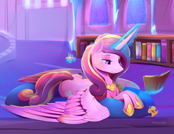 Size: 2200x1700 | Tagged: safe, artist:viwrastupr, princess cadance, alicorn, pony, book, castle, cup, female, glowing horn, jewelry, lidded eyes, magic, mare, pillow, prone, reading, regalia, smiling, solo