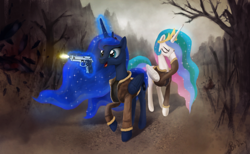 Size: 1920x1179 | Tagged: safe, artist:br0ny, princess celestia, princess luna, alicorn, crow, pony, blood, clothes, eyes closed, facehoof, feather, gamer luna, gun, happy, jacket, levitation, magic, open mouth, raised hoof, resident evil, shooting, smiling, telekinesis, tree, two best sisters play, weapon