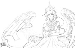 Size: 1224x792 | Tagged: safe, artist:spoonfulofcats, princess celestia, eared humanization, horned humanization, humanized, lineart, monochrome, simple background, solo, winged humanization