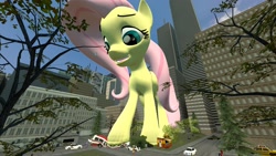 Size: 3000x1687 | Tagged: safe, artist:jeroen01, fluttershy, rainbow dash, sunset shimmer, twilight sparkle, twilight sparkle (alicorn), human, pegasus, pony, equestria girls, 3d, bus, car, city, destruction, giant pony, looking down, macro, open mouth, request, street, vehicle