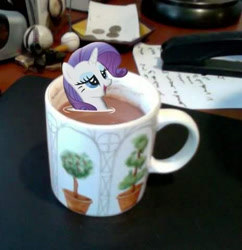 Size: 530x547 | Tagged: safe, edit, rarity, pony, coffee, cup, cup of pony, irl, micro, photo, ponies in real life, rarity is a marshmallow, relaxing