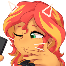 Size: 800x800 | Tagged: safe, artist:maren, sunset shimmer, equestria girls, bust, cat ears, cute, female, nyanset shimmer, one eye closed, peace sign, phone, portrait, selfie, shimmerbetes, simple background, solo, whiskers, white background, wink