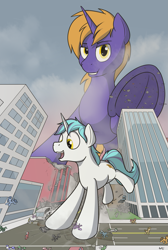 Size: 1509x2241 | Tagged: safe, artist:rapidstrike, oc, oc only, oc:snap feather, oc:star bright, pony, unicorn, building, city, commission, cosmic wizard, crush fetish, destruction, enjoying, fetish, frog (hoof), giant pony, looking at you, macro, mega giant, size difference, stomping, trampling, underhoof