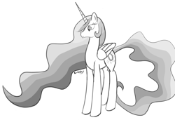 Size: 1350x925 | Tagged: safe, artist:rumblealex, princess celestia, alicorn, pony, frown, grayscale, looking down, monochrome, sketch, solo