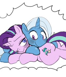 Size: 1190x1400 | Tagged: safe, artist:baigak, derpibooru import, starlight glimmer, trixie, pony, unicorn, blushing, female, lesbian, looking at each other, lying down, one eye closed, shipping, smiling, startrix