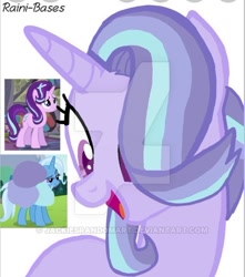 Size: 400x453 | Tagged: safe, artist:jackiesrandomart, derpibooru import, starlight glimmer, trixie, oc, pony, unicorn, base used, deviantart watermark, female, lesbian, magical lesbian spawn, obtrusive watermark, offspring, parent:starlight glimmer, parent:trixie, parents:startrix, shipping, simple background, startrix, watermark, white background