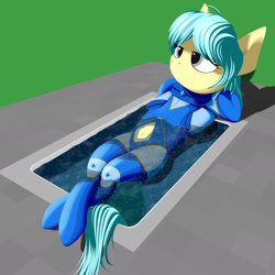 Size: 1656x1656 | Tagged: dead source, safe, artist:styroponyworks, oc, oc:ultramare, earth pony, pony, clothes, crossed hooves, female, giant pony, hooves behind head, incomplete, macro, relaxing, solo, swimming pool, underhoof