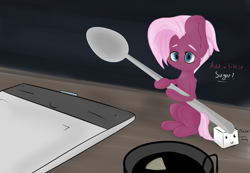 Size: 2818x1952 | Tagged: safe, artist:generallegion, jasmine leaf, earth pony, pony, cup, dialogue, food, hoof hold, looking at you, micro, sitting, solo, spoon, sugarcube, table, tea, teaspoon