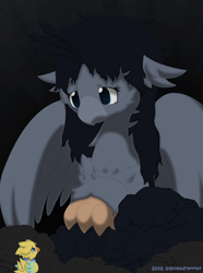 Size: 2600x3500 | Tagged: safe, artist:rockfannel, oc, oc only, bird, classical hippogriff, hippogriff, black background, macro, sad, simple background, size difference, solo