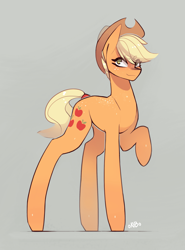 Size: 2223x3000 | Tagged: safe, artist:novabytes, applejack, earth pony, pony, cowboy hat, hat, long legs, looking at you, raised hoof, short mane, simple background, solo, stetson