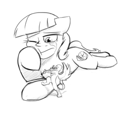 Size: 1280x1280 | Tagged: safe, artist:captainhoers, oc, oc only, oc:der, oc:lemon drop, earth pony, griffon, pony, crying, duo, female, male, micro, monochrome, sad, sketch, violin