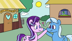 Size: 1366x768 | Tagged: safe, artist:raulixevergreen, derpibooru import, starlight glimmer, trixie, pony, unicorn, best ship, boop, cute, day, drawing, female, heart, lesbian, love, mutual booping, ponyville, shipping, startrix