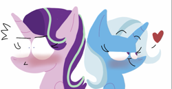 Size: 791x410 | Tagged: safe, artist:kabukipie, artist:therealkabukipie, derpibooru import, starlight glimmer, trixie, pony, unicorn, blushing, female, heart, lesbian, mare, shipping, simple background, startrix, white background