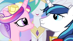 Size: 960x540 | Tagged: safe, screencap, princess cadance, princess celestia, shining armor, alicorn, pony, unicorn, female, male, shiningcadance, shipping, straight