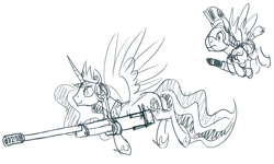 Size: 1280x766 | Tagged: safe, artist:derkrazykraut, princess celestia, alicorn, pony, bfg, gun, monochrome, royal guard