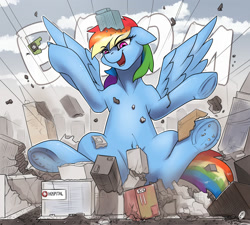 Size: 2000x1800 | Tagged: safe, artist:wolfenstyle, rainbow dash, pegasus, pony, city, destruction, evil, giant pony, giant rainbow dash, growth, growth spurt, macro, mega/giant rainbow dash, strategically covered, underhoof