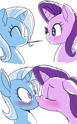 Size: 600x965 | Tagged: safe, artist:raikoh, derpibooru import, starlight glimmer, trixie, pony, unicorn, blushing, comic, cute, diatrixes, female, food, glimmerbetes, kissing, lesbian, pocky, pocky game, shipping, startrix, surprised