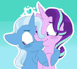 Size: 1202x1080 | Tagged: safe, artist:fflaminlo, derpibooru import, starlight glimmer, trixie, pony, unicorn, blushing, cloven hooves, eye clipping through hair, female, floppy ears, gradient background, heart, hug, lesbian, mare, shipping, smiling, startrix, tsundere, tsunderixie