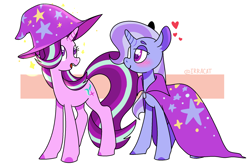 Size: 2100x1400 | Tagged: safe, artist:1racat, derpibooru import, starlight glimmer, trixie, pony, unicorn, blushing, colored hooves, female, floating heart, heart, lesbian, mare, shipping, simple background, startrix, white background