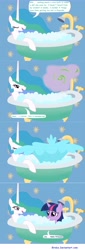 Size: 2500x7316 | Tagged: safe, artist:birdco, princess celestia, twilight sparkle, alicorn, pony, bath, bathroom, bathtub, bubble, bubble bath, claw foot bathtub, comic, intrusion of privacy