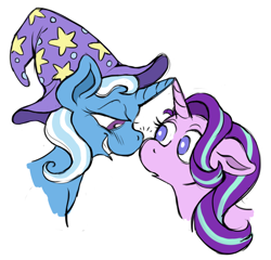Size: 1202x1153 | Tagged: safe, artist:nelfs, derpibooru import, starlight glimmer, trixie, pony, unicorn, boop, female, grin, horns are touching, lesbian, looking at each other, mare, noseboop, shipping, simple background, smiling, startrix, white background