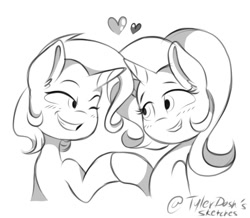 Size: 904x787 | Tagged: safe, artist:tylerdashart, derpibooru import, starlight glimmer, trixie, pony, unicorn, black and white, blushing, female, grayscale, heart, lesbian, lineart, looking at each other, mare, monochrome, one eye closed, shipping, sketch, smiling, startrix, wink