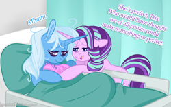 Size: 800x500 | Tagged: safe, artist:eve-of-halloween, derpibooru import, starlight glimmer, trixie, oc, oc:pixie shine, pony, unicorn, alternate universe, baby, baby pony, bed, female, hallowverse, hallowverse:pixie shine, hospital bed, lesbian, magical lesbian spawn, mare, offspring, parent:starlight glimmer, parent:trixie, parents:startrix, shipping, startrix