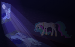 Size: 1285x800 | Tagged: safe, artist:grayma1k, princess celestia, princess luna, alicorn, pony, moon, moonlight, solo, stained glass, tally marks