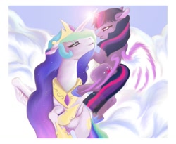 Size: 1321x1083 | Tagged: safe, artist:bri-sta, princess celestia, twilight sparkle, alicorn, pony, artificial wings, augmented, female, horns are touching, lesbian, magic, magic wings, shipping, twilestia, wings