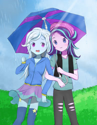 Size: 1400x1800 | Tagged: safe, artist:maomao9, derpibooru import, starlight glimmer, trixie, equestria girls, beanie, clothes, cloud, female, grass, hat, lesbian, ripped pants, shipping, startrix, torn clothes, umbrella