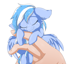 Size: 3000x2700 | Tagged: safe, artist:tlo-arts, oc, oc only, oc:falling skies, human, pegasus, pony, blue coat, blue mane, commission, cute, hand, hug, in goliath's palm, micro, ocbetes, tiny ponies, white mane, ych result