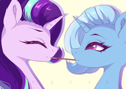 Size: 1000x703 | Tagged: safe, artist:knpony, derpibooru import, starlight glimmer, trixie, pony, unicorn, cute, female, food, lesbian, mare, pocky, pocky game, shipping, simple background, startrix, yellow background