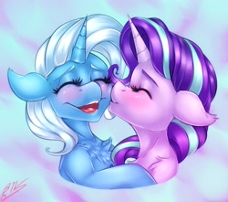 Size: 3216x2844 | Tagged: safe, artist:drizziedoodles, derpibooru import, starlight glimmer, trixie, pony, unicorn, blushing, chest fluff, cute, diatrixes, female, glimmerbetes, kissing, lesbian, shipping, smooch, startrix