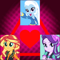 Size: 1500x1500 | Tagged: safe, derpibooru import, starlight glimmer, sunset shimmer, trixie, better together, equestria girls, mirror magic, spoiler:eqg specials, female, geode of empathy, lesbian, love triangle, magical geodes, shimmerglimmer, shipping, startrix, suntrix