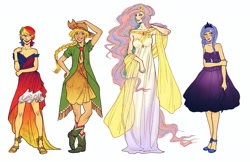 Size: 1543x1000 | Tagged: safe, artist:french-teapot, applejack, princess celestia, princess luna, rainbow dash, clothes, dress, gala dress, humanized, simple background