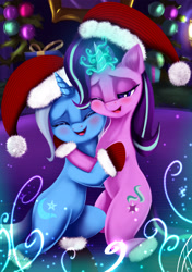 Size: 2323x3295 | Tagged: safe, artist:darksly, derpibooru import, starlight glimmer, trixie, pony, unicorn, art, bipedal, christmas, cute, diatrixes, eyes closed, female, glimmerbetes, glowing horn, hat, holiday, hug, lesbian, mare, one eye closed, open mouth, open smile, santa hat, shipping, smiling, startrix