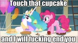 Size: 600x336 | Tagged: safe, edit, edited screencap, screencap, pinkie pie, princess celestia, alicorn, earth pony, pony, a bird in the hoof, balloon, cake, caption, cup, cupcake, eyes on the prize, female, food, image macro, levitation, looking at something, magic, mare, open mouth, pie, puffy cheeks, roflbot, sandwich, smiling, table, teacup, telekinesis, this will end in banishment, this will end in tears and/or a journey to the moon, vulgar