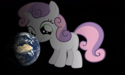 Size: 1584x954 | Tagged: safe, artist:missbeigepony, edit, sweetie belle, pony, unicorn, collage, earth, female, filly, macro, mega sweetie belle, pony bigger than a planet, smiling, solo