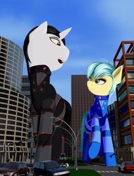 Size: 2400x3150 | Tagged: safe, artist:styroponyworks, oc, oc only, oc:hot rod, oc:ultramare, pony, building, car, city, clothes, commission, giant pony, giant unicorn, macro, open mouth, street, suit, vehicle, walking