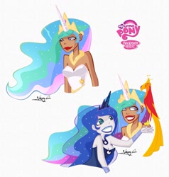 Size: 1123x1179 | Tagged: safe, artist:luigirivera, philomena, princess celestia, princess luna, human, phoenix, breasts, cleavage, ethereal hair, female, horned humanization, humanized, royal sisters, simple background, sisters