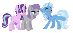 Size: 4560x2080 | Tagged: safe, artist:thepegasisterpony, derpibooru import, maud pie, starlight glimmer, trixie, pony, female, lesbian, mauxie, polyamory, shipping, starmaud, starmauxie, startrix, wrong cutie mark