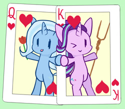 Size: 1322x1153 | Tagged: safe, artist:maomao9, derpibooru import, starlight glimmer, trixie, pony, unicorn, the cutie map, card, cute, diatrixes, female, flower, glimmerbetes, heart, holding hooves, lesbian, mare, one eye closed, rose, shipping, simple background, smiling, staff, staff of sameness, standing, startrix, wink