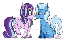 Size: 1024x642 | Tagged: safe, artist:millefaller, derpibooru import, starlight glimmer, trixie, classical unicorn, pony, unicorn, blushing, cloven hooves, deviantart watermark, female, food, leonine tail, lesbian, obtrusive watermark, pocky, shipping, startrix, unshorn fetlocks, watermark