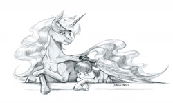 Size: 1500x895 | Tagged: safe, artist:baron engel, apple bloom, princess luna, alicorn, earth pony, pony, comforting, female, filly, grayscale, mare, missing accessory, monochrome, pencil drawing, prone, sad, simple background, traditional art, white background, wing blanket