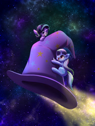 Size: 1200x1600 | Tagged: safe, artist:phoenixperegrine, starlight glimmer, trixie, pony, unicorn, clothes, cute, diatrixes, duo, eye contact, female, flying, giant hat, glimmerbetes, hat, holding, hug, looking at each other, looking back, mare, micro, open mouth, pointing, rocket, smiling, space, sparkles, stars, toy interpretation, trixie's hat, trixie's rocket, wat
