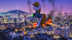 Size: 1024x576 | Tagged: safe, artist:mrlolcats17, edit, oc, oc:littlepip, pony, unicorn, fallout equestria, bipedal, building, city, cityscape, clothes, crushing, dawn, destruction, fanfic, fanfic art, female, giant littlepip, giant ponies in real life, giant pony, horn, implied death, invasion, irl, macro, mare, photo, pipbuck, solo, vault suit