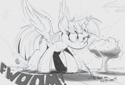 Size: 2000x1365 | Tagged: source needed, useless source url, safe, artist:ncmares, twilight sparkle, twilight sparkle (alicorn), oc, oc:anon, alicorn, human, pony, cheek fluff, chest fluff, dialogue, ear fluff, female, giant pony, grayscale, growth, macro, mare, mega twilight sparkle, monochrome, onomatopoeia, simple background, spread wings, text, tree, white background, wings