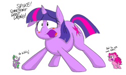 Size: 898x535 | Tagged: safe, artist:shoutingisfun, color edit, edit, pinkie pie, spike, twilight sparkle, dragon, earth pony, pony, unicorn, blushing, colored, giant pony, macro, mega twilight sparkle, size difference, the ass was fat, vulgar